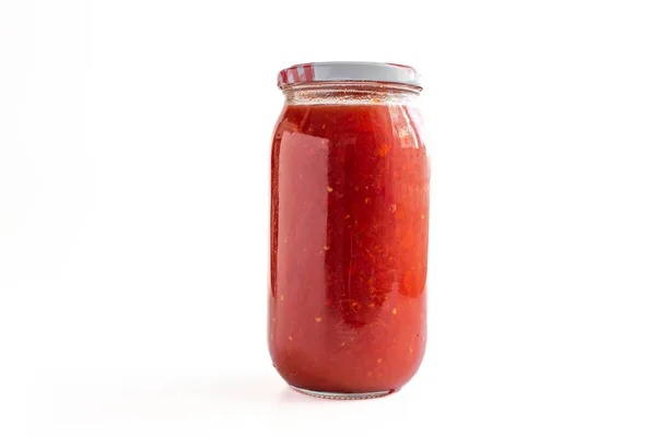 Jar Tomato Sauce Isolated White Background Closeup Photo Homemade Tomato — Stock Photo, Image