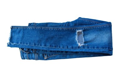 Beyaz arka planda izole edilmiş mavi kot pantolon. Üst görünüm.