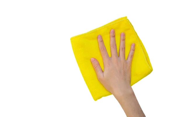 Hand Holding Yellow Rag Isolated White Background Top View Hand — Stock Photo, Image