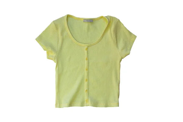 Camiseta Mujer Amarilla Aislada Sobre Fondo Blanco Vista Superior — Foto de Stock