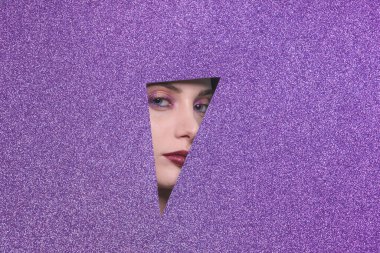 Güzel, çekici, sarışın, açık mavi gözlü, mor renkli ön planda poz veren, sarı ve menekşe makyajlı, güzel, şehvetli bir kızın fotoğrafçılığı kameraya bakıyor.