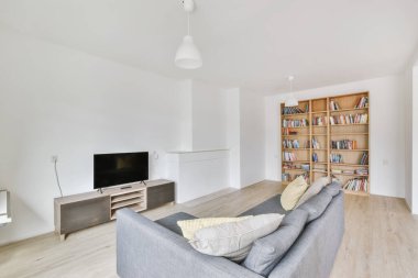 Kütüphaneli şık bir oturma odası.