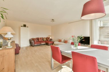 Oturma odasında soluk kırmızı kanepe