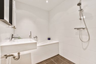 Büyük ve rahat bir küveti olan lüks bir banyo.