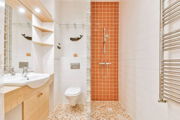 Nowoczesna łazienka z prysznicem i umywalką — Zdjęcie stockowe