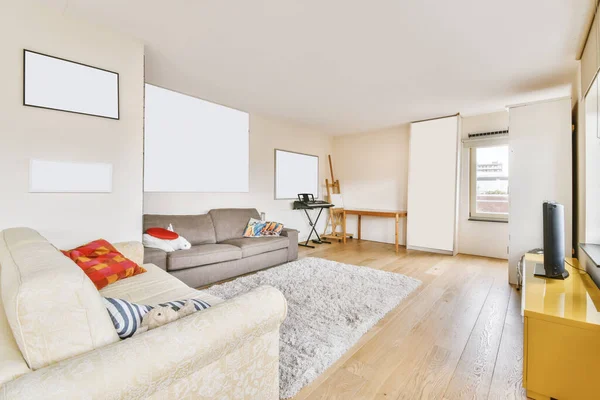 Schönes Wohnzimmer mit milchigen und grauen Sofas — Stockfoto