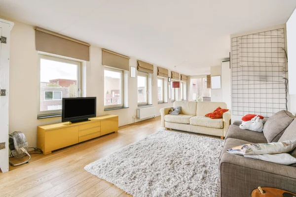 Schönes Wohnzimmer mit milchigen und grauen Sofas — Stockfoto