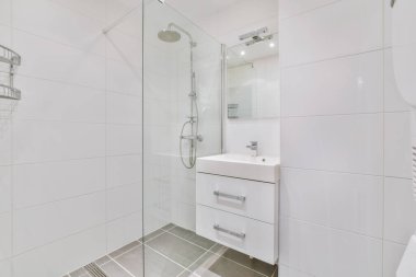 Küçük bir lavabosu ve modern duşu olan bir banyo.