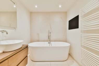 Havalı bir küveti ve karşısında televizyonu olan bir banyo.