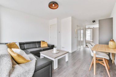 Şık bir oturma odası dizaynı ve zarif bir kanepesi var.