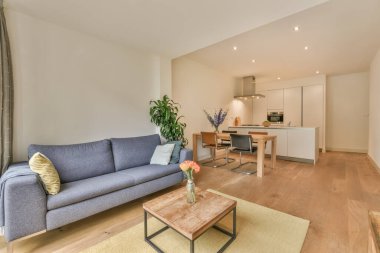 Oturma odasında yastıkları olan rahat bir kanepe.