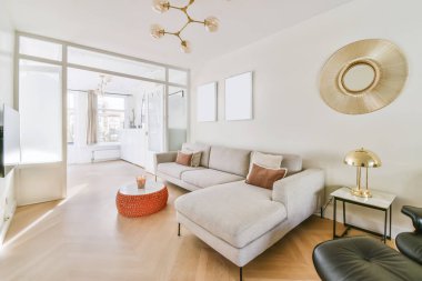 Gri kanepeli, akıl almaz bir oturma odası.