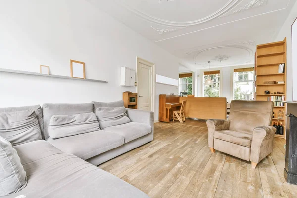 Gri kanepeli harika bir oturma odası.