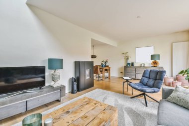 Wonderful living room with gray sofa