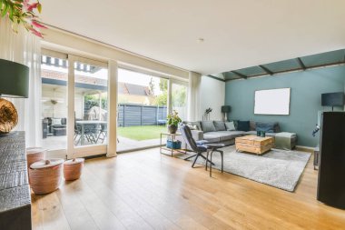 Wonderful living room with gray sofa