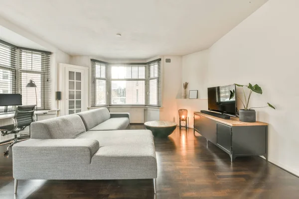 Snyggt vardagsrum med mjuk dekorativ stor soffa — Stockfoto