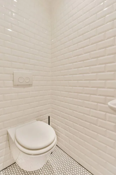 Beyaz fayanslı duvarları olan sevimli bir tuvalet. — Stok fotoğraf
