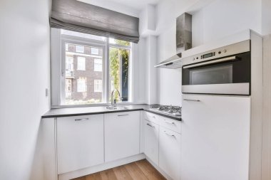 Lavabonun üzerinde penceresi olan bir mutfak.