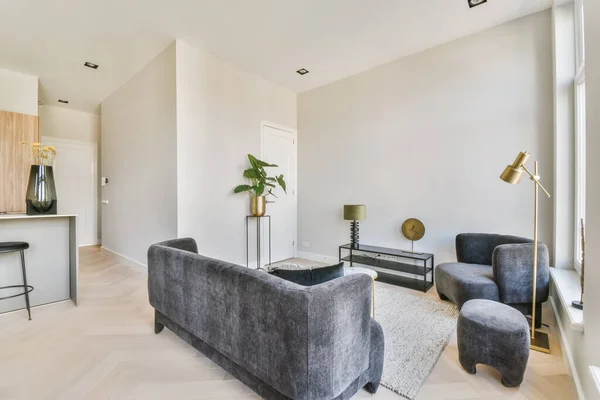 Sala de estar elegante com sofá de veludo e poltrona — Fotografia de Stock