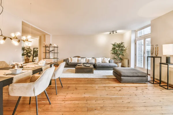 Een luxe woonkamer met een enorme grijze bank — Stockfoto