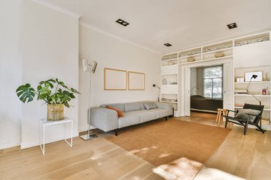 Hoş gri kanepe ve siyah koltuk sevimli bir oturma odasında.