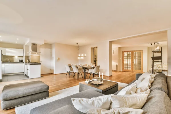 Een luxe woonkamer met een enorme grijze bank — Stockfoto