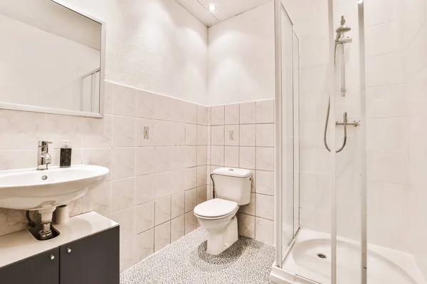 Spettacolare design del bagno con pareti piastrellate beige — Foto Stock
