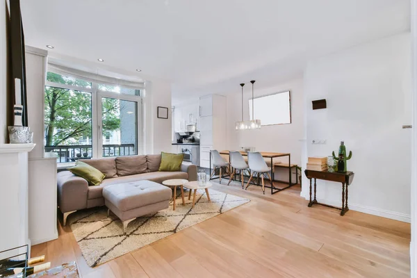 Oturma odası ve yemek odası olan heyecanlı bir stüdyo.