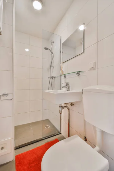 Turuncu halısı olan hoş bir banyo. — Stok fotoğraf