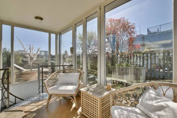 Cozy covered veranda with panoramic windows — Stock Photo, Image