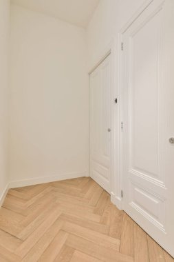 Modern bir evde beyaz kapıları olan koridor.