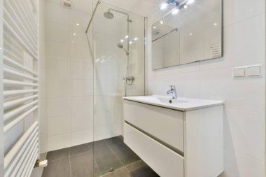 Duş ve lavabolu modern banyo.