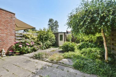 Yeşilliklerle dolu evin hoş avlusu.