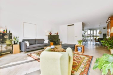 Gri kanepesi olan görkemli bir oturma odası.