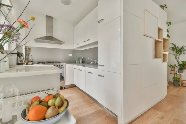 Cucina interna in bianco con elettrodomestici moderni — Foto Stock