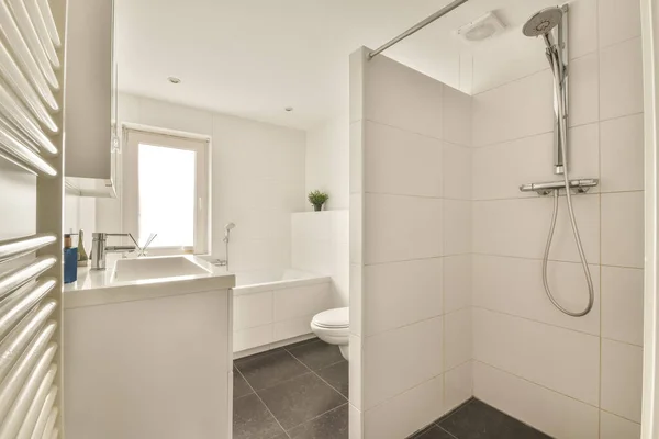 The interior of a bathroom decorated with white and black tiles — ストック写真