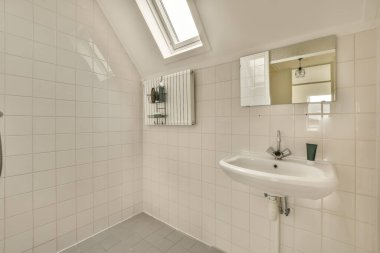 Banyo beyaz seramik fayanslarla dekore edilmiş.