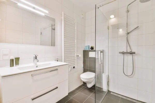 Lavabo ve tuvalet duş kabininin yanında. — Stok fotoğraf