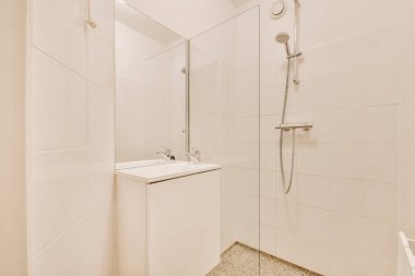 Duş ve lavabo cam bir duvarla ayrılmış.