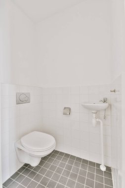 Beyaz ve siyah fayanslı banyo.