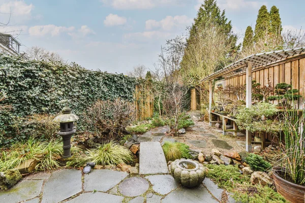 Patio with pots and green hedge — Stockfoto