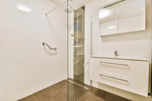 Modern Shower Interior Glass Wall Mirror Shelf — Stock Photo, Image