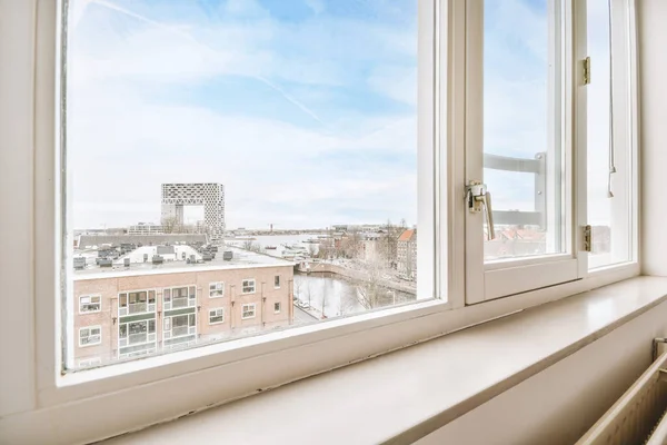 Sceneric View Throw Window Building River — стоковое фото