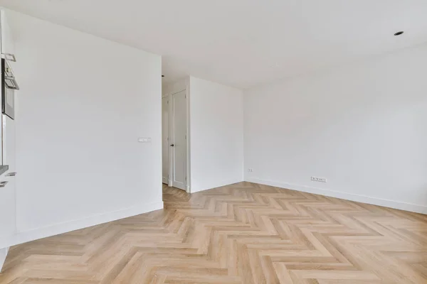 Просторная светлая белая кухня с коридором — стоковое фото