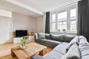 Gri kanepeleri ve bitkileri olan oturma odası.