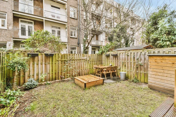 A small backyard overgrown with grass and with a wooden fence — Fotografia de Stock