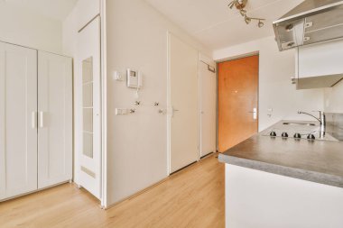 Minimalist tarzı dolapları olan mutfak.