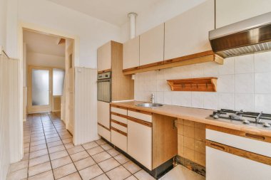 Mobilyaları ve aletleri olan modern ev mutfağı.