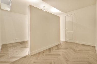 Giriş kapısı, beyaz duvarları ve parke zemini lambayla aydınlatılmış, geometrik tasarımı olan boş, modern bir daire.