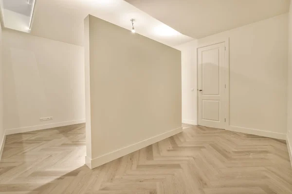 Giriş Kapısı Beyaz Duvarları Parke Zemini Lambayla Aydınlatılmış Geometrik Tasarımı — Stok fotoğraf